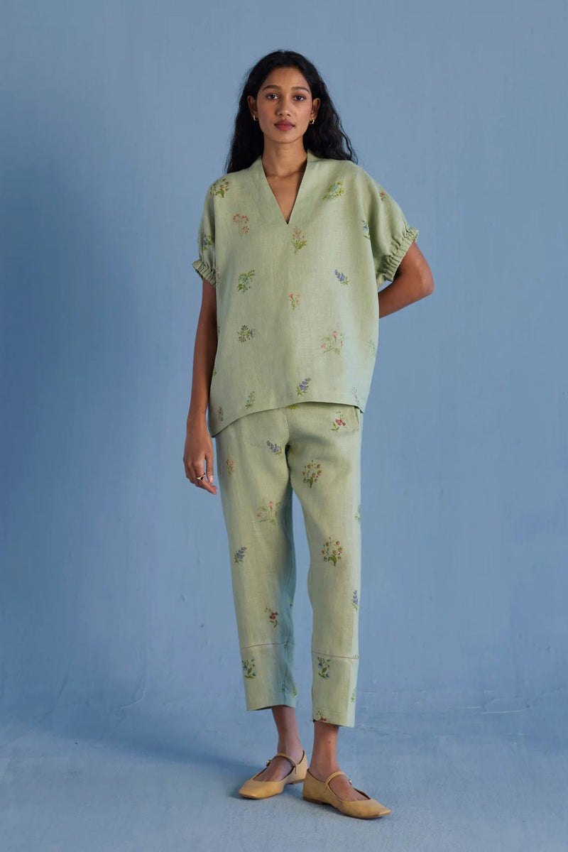 Mihen Elasticated Sleeve Co-ord Set - Mint linen by Manan in mint color for women Worldwide