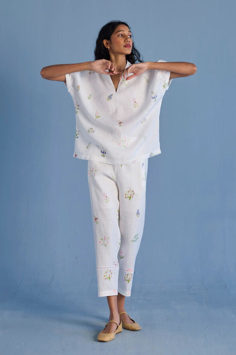 Mihen Elasticated Sleeve Co-ord Set - White linen by Manan in white color for women Worldwide