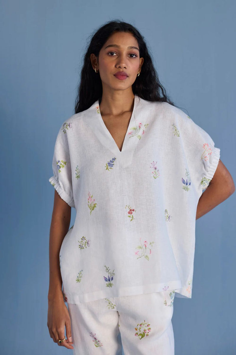 Mihen Elasticated Sleeve Linen Top - White linen by Manan in white color for women Worldwide