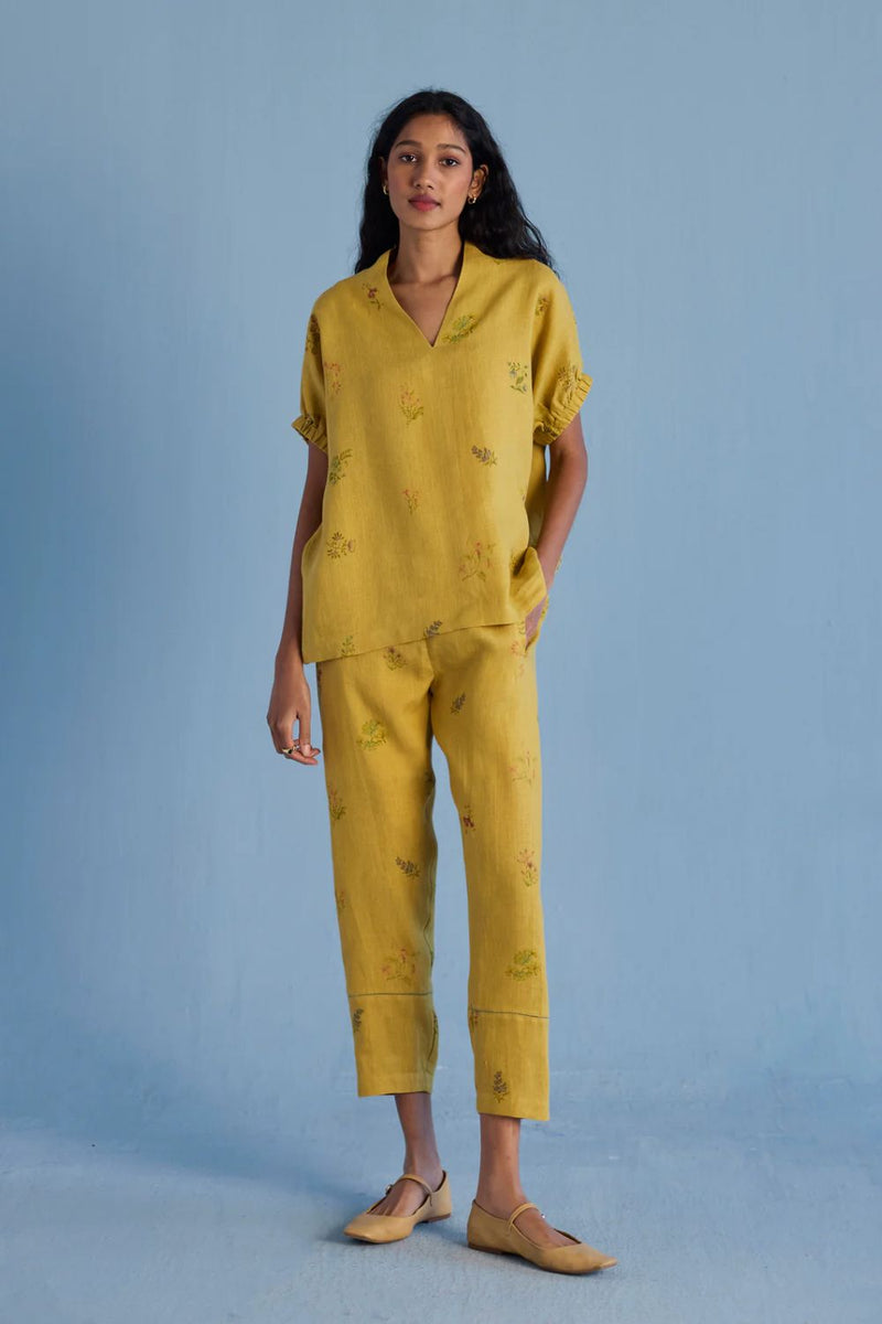 Mihen Elasticated Sleeve Co-ord Set - Ochre linen by Manan for women Worldwide
