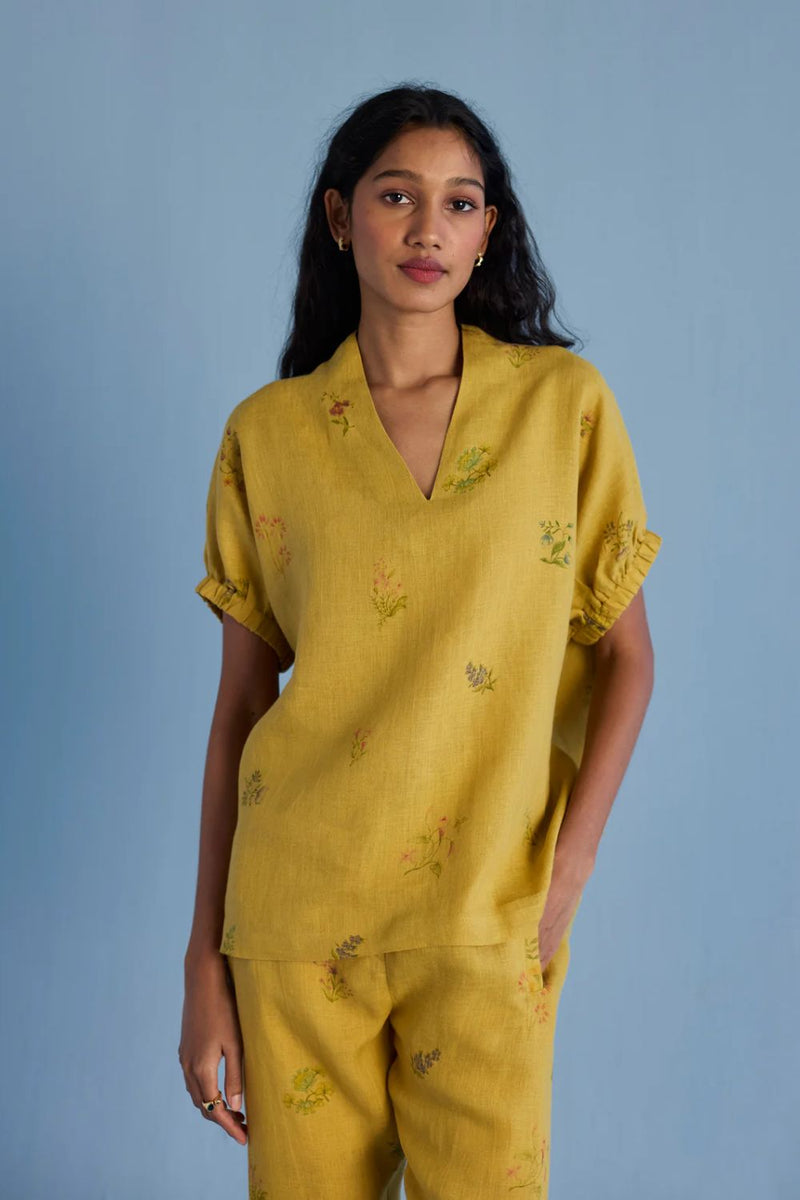 Mihen Elasticated Sleeve Linen Top - Ochre linen by Manan for women Worldwide