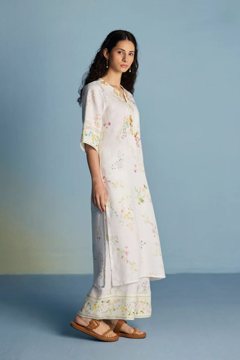 Para Hand-Embroidered Linen Kurta - White linen by Manan in white color for women Worldwide