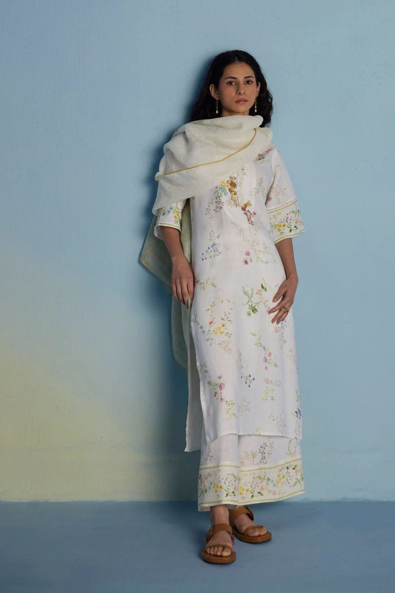 Para Hand-Embroidered Linen Kurta Set - White linen by Manan in white color for women Worldwide