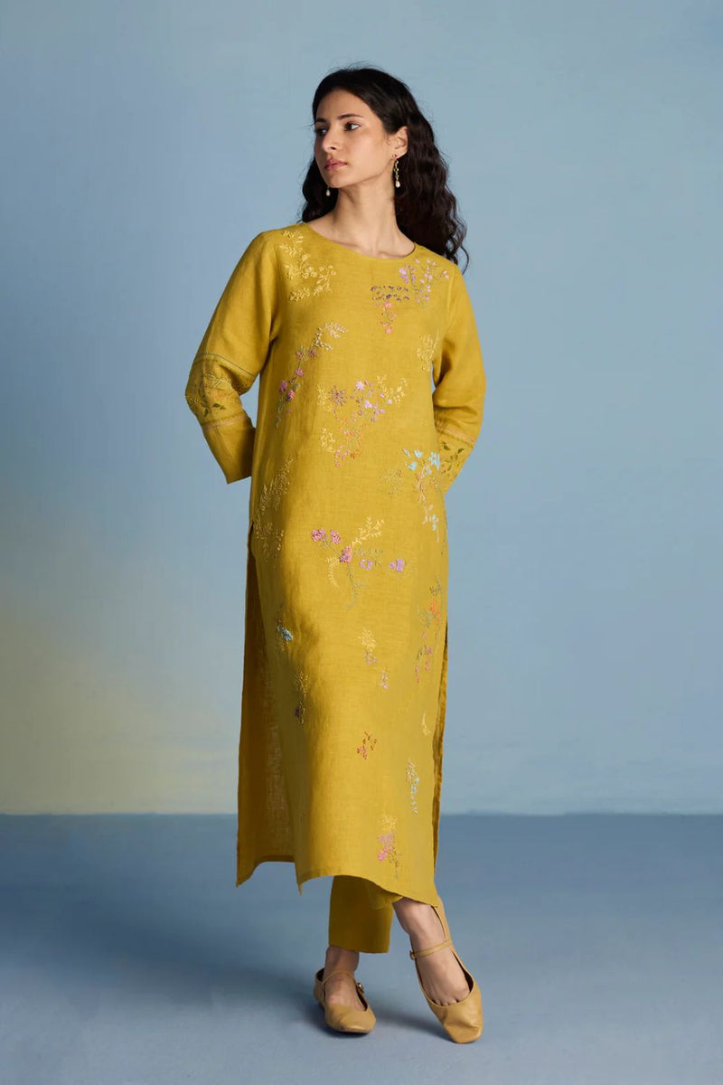 Emra Hand-Embroidered Linen Kurta - Mustard linen by Manan for women Worldwide