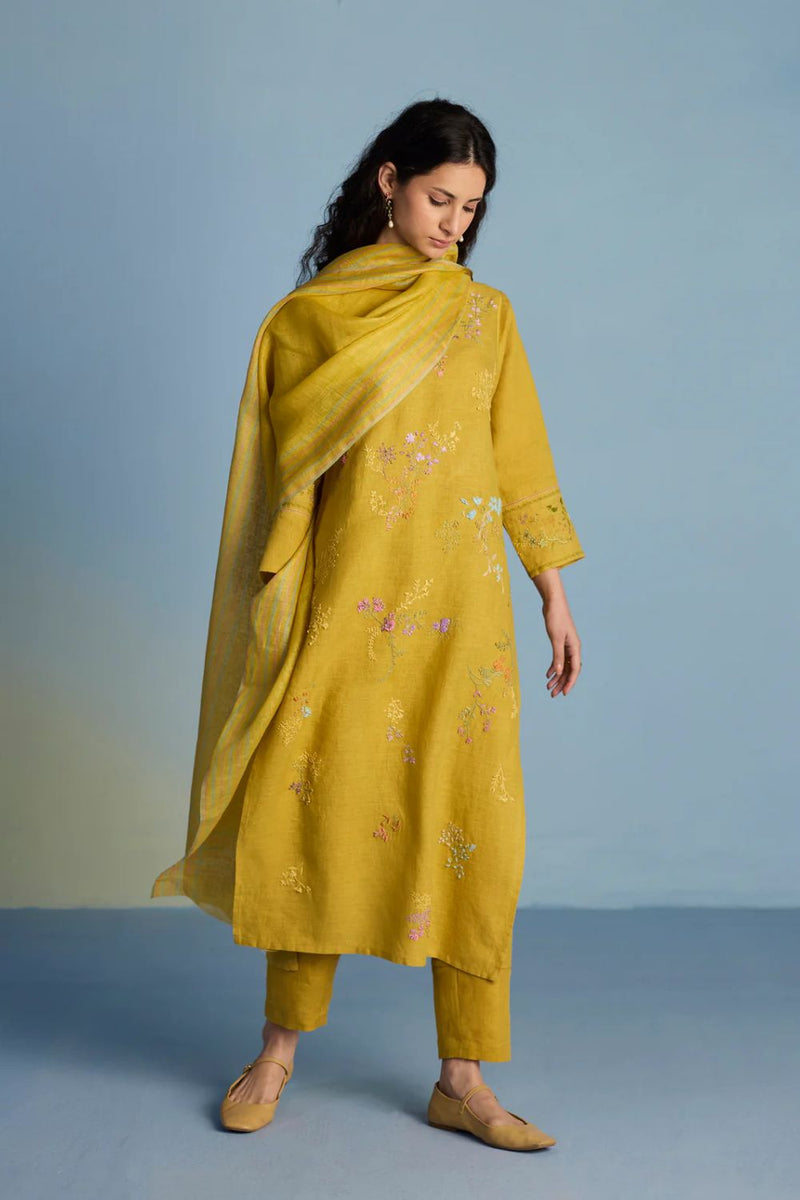 Emra Hand-Embroidered Linen Kurta Set - Ochre linen by Manan for women Worldwide
