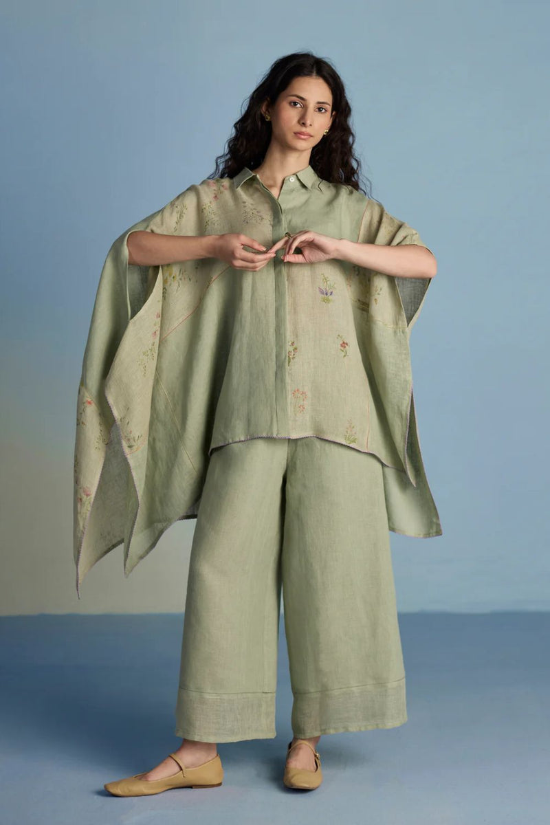 Osho Patchwork Kaftan Co-ord Set-Mint linen by Manan in mint color for women Worldwide