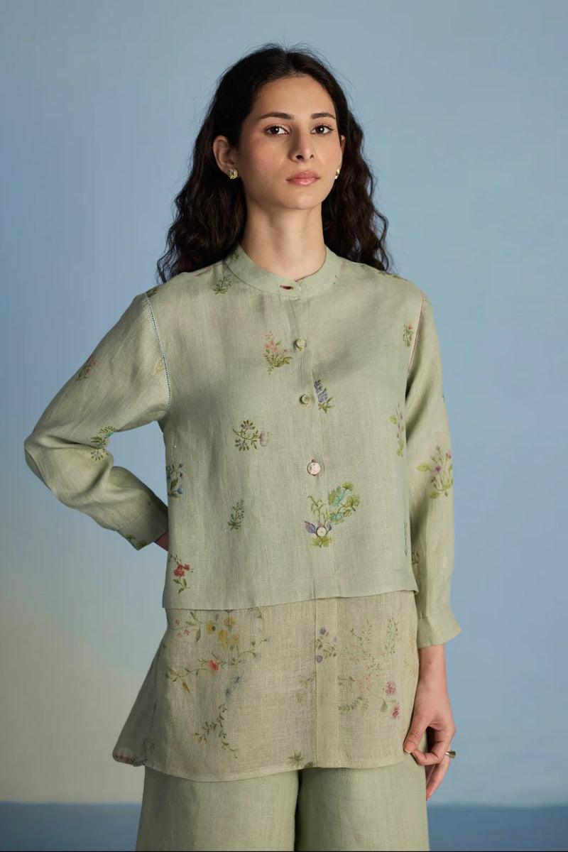 Leina A-Line Floral Linen Shirt - Mint linen by Manan in mint color for women Worldwide