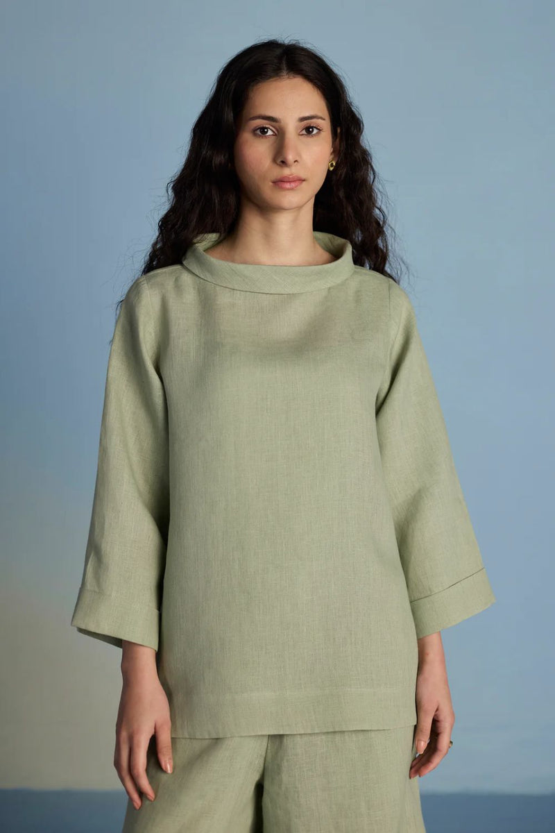 Ishi Boat-Neck Linen Top - Mint linen by Manan in mint color for women Worldwide