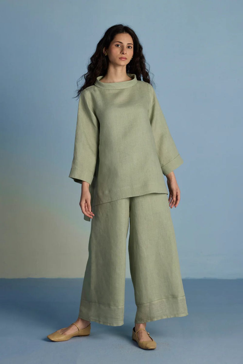 Ishi Boat-Neck Linen Co-ord Set - Mint linen by Manan in mint color for women Worldwide