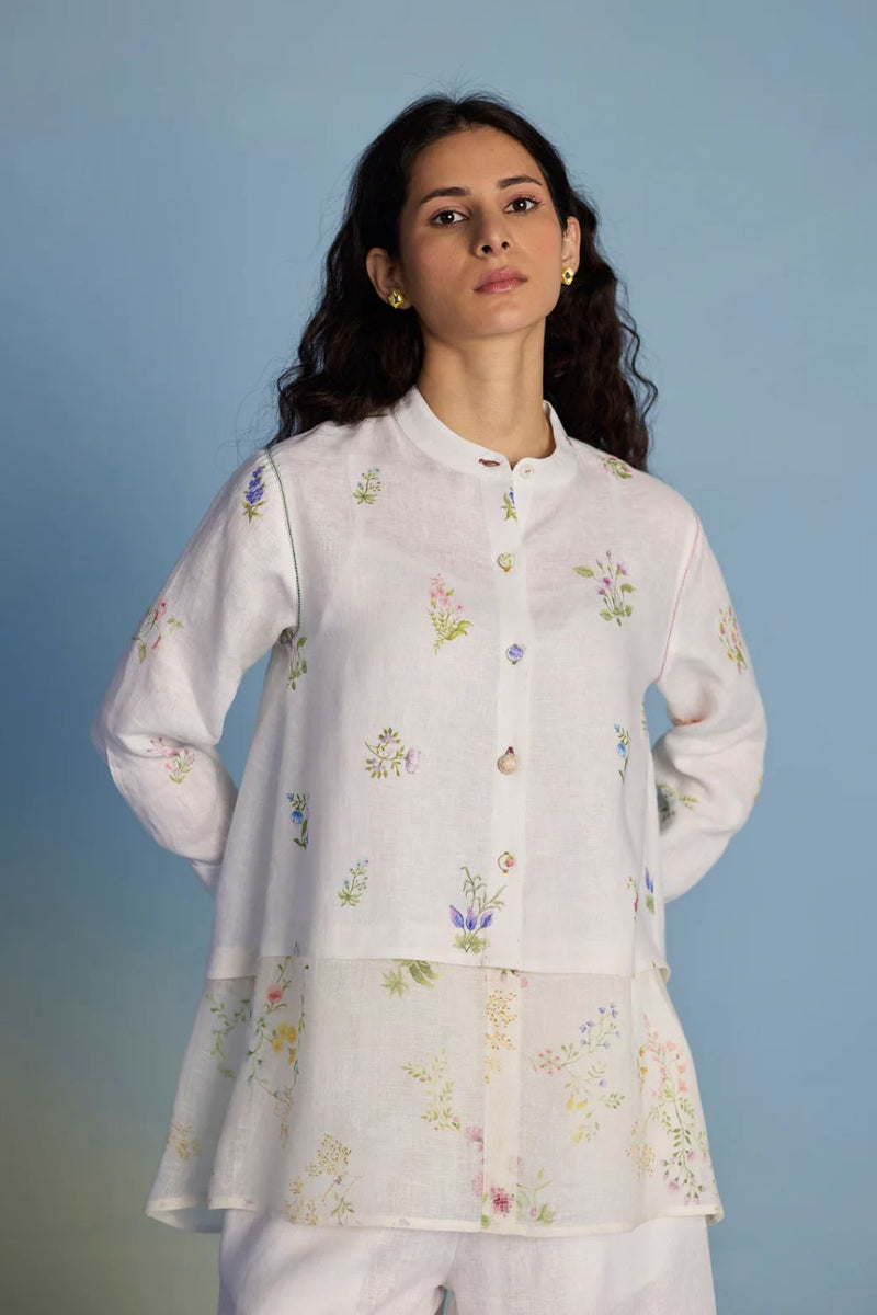 Leina Floral Linen A-Line Shirt - White linen by Manan in white color for women Worldwide