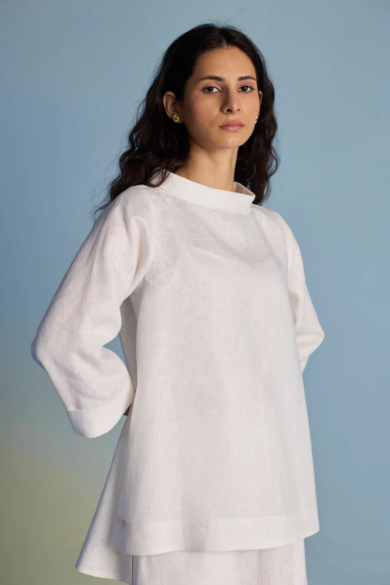 Ishi Boat-Neck Linen Top - White linen by Manan in white color for women Worldwide
