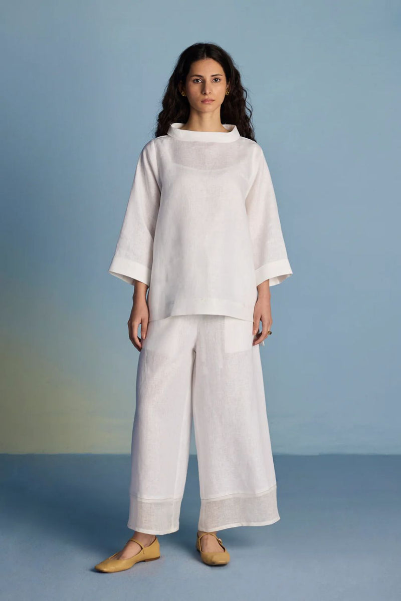 Ishi Boat-Neck Linen Co-ord Set - White linen by Manan in white color for women Worldwide