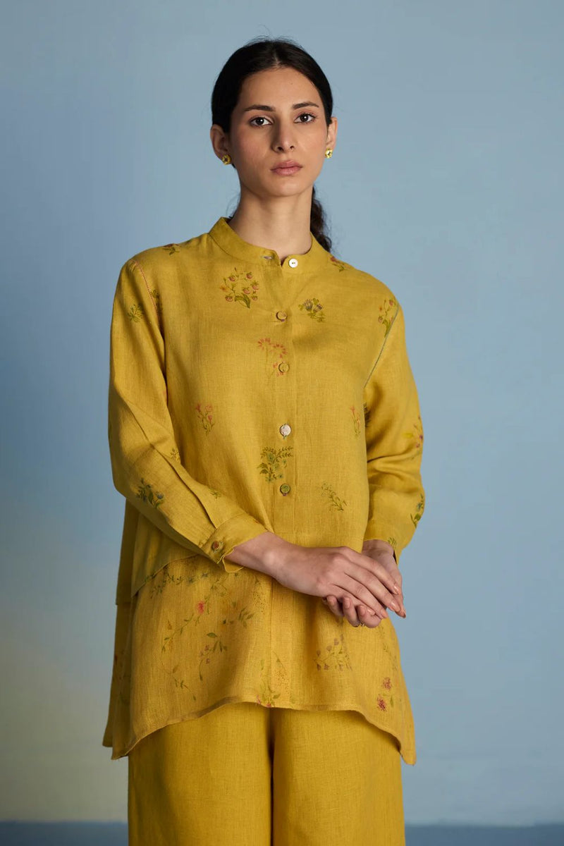 Leina A-Line Floral Linen Shirt - Ochre linen by Manan for women Worldwide