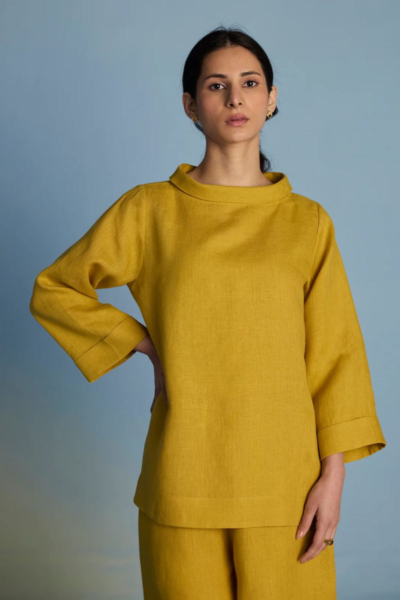 Ishi Boat-Neck Linen Top - Ochre linen by Manan for women Worldwide