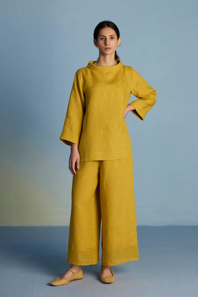 Ishi Boat-Neck Linen Co-ord Set - Ochre linen by Manan for women Worldwide
