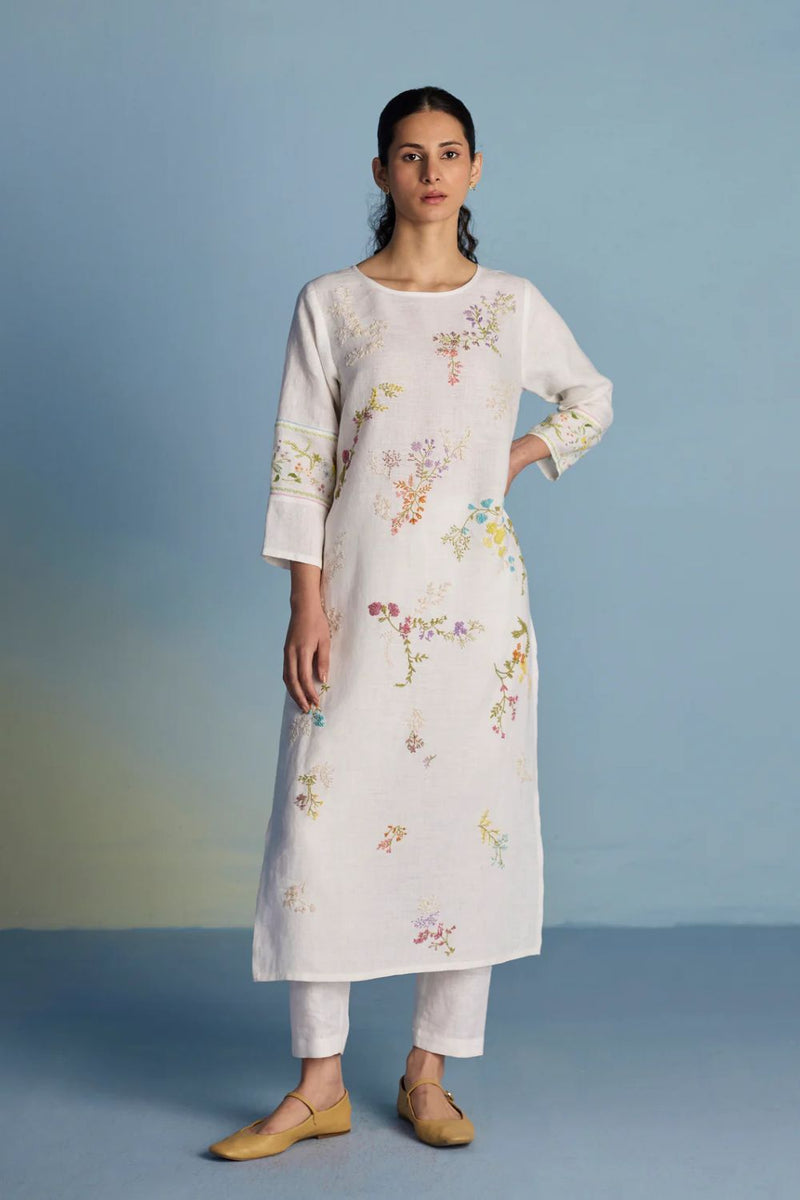 Emra Hand-Embroidered Linen Kurta - White linen by Manan in white color for women Worldwide