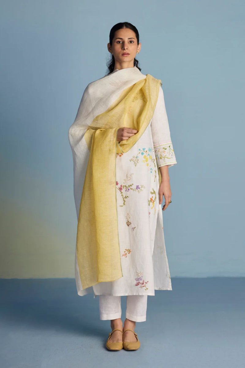Emra Hand-Embroidered Linen Kurta Set - White linen by Manan in white color for women Worldwide