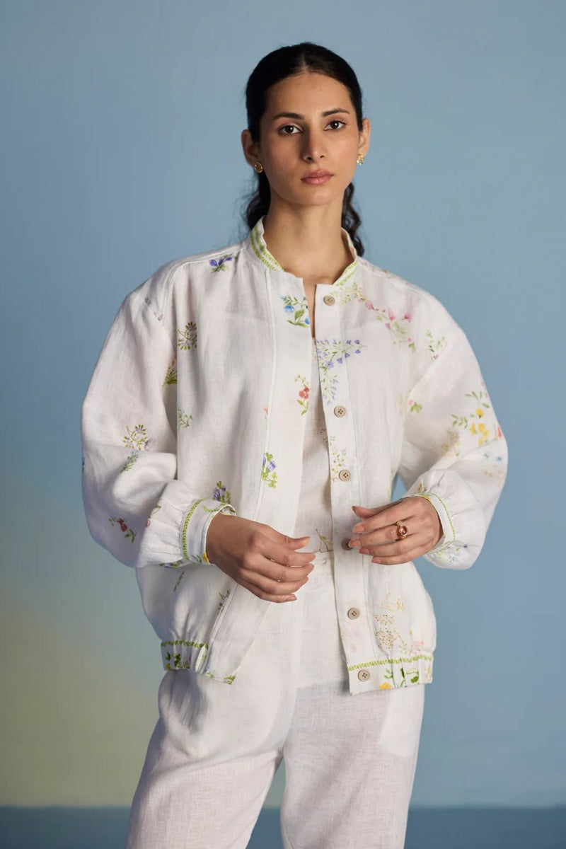 Kayu Floral Printed Bomber Jacket - White linen by Manan in white color for women Worldwide
