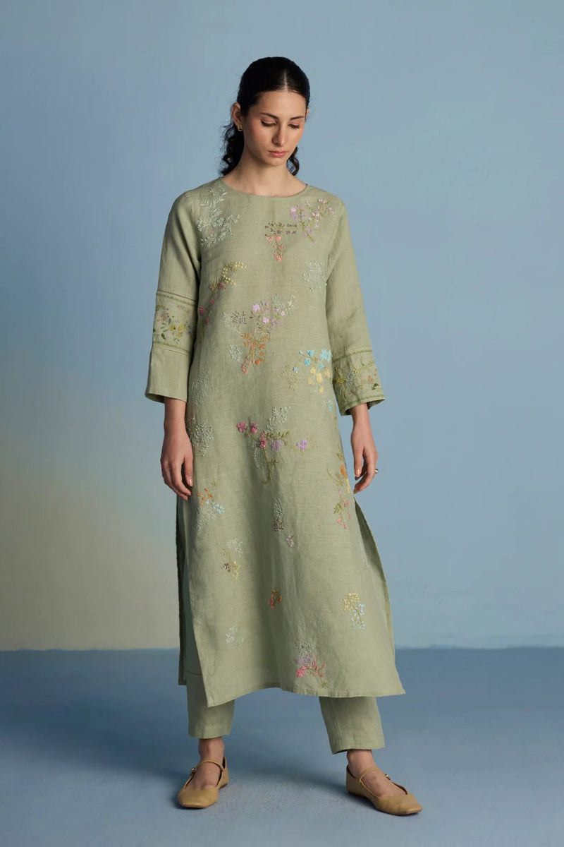 Emra Hand-Embroidered Linen Kurta - Mint linen by Manan in mint color for women Worldwide