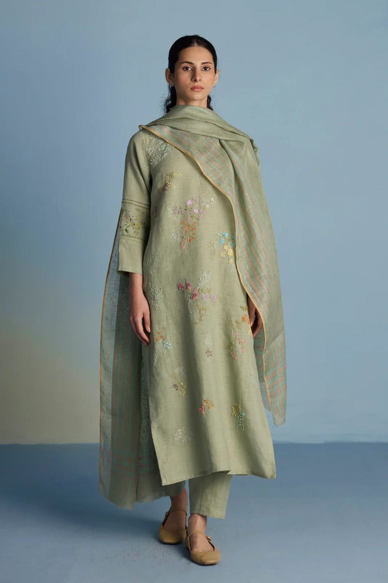 Emra Hand-Embroidered Linen Kurta Set - Mint linen by Manan in mint color for women Worldwide