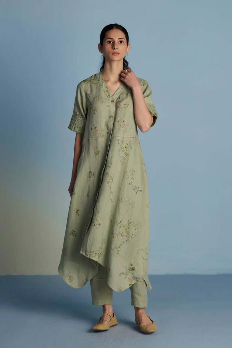 Inoya Shirt Kurta with Handkerchief Hem - Mint linen by Manan in mint color for women Worldwide
