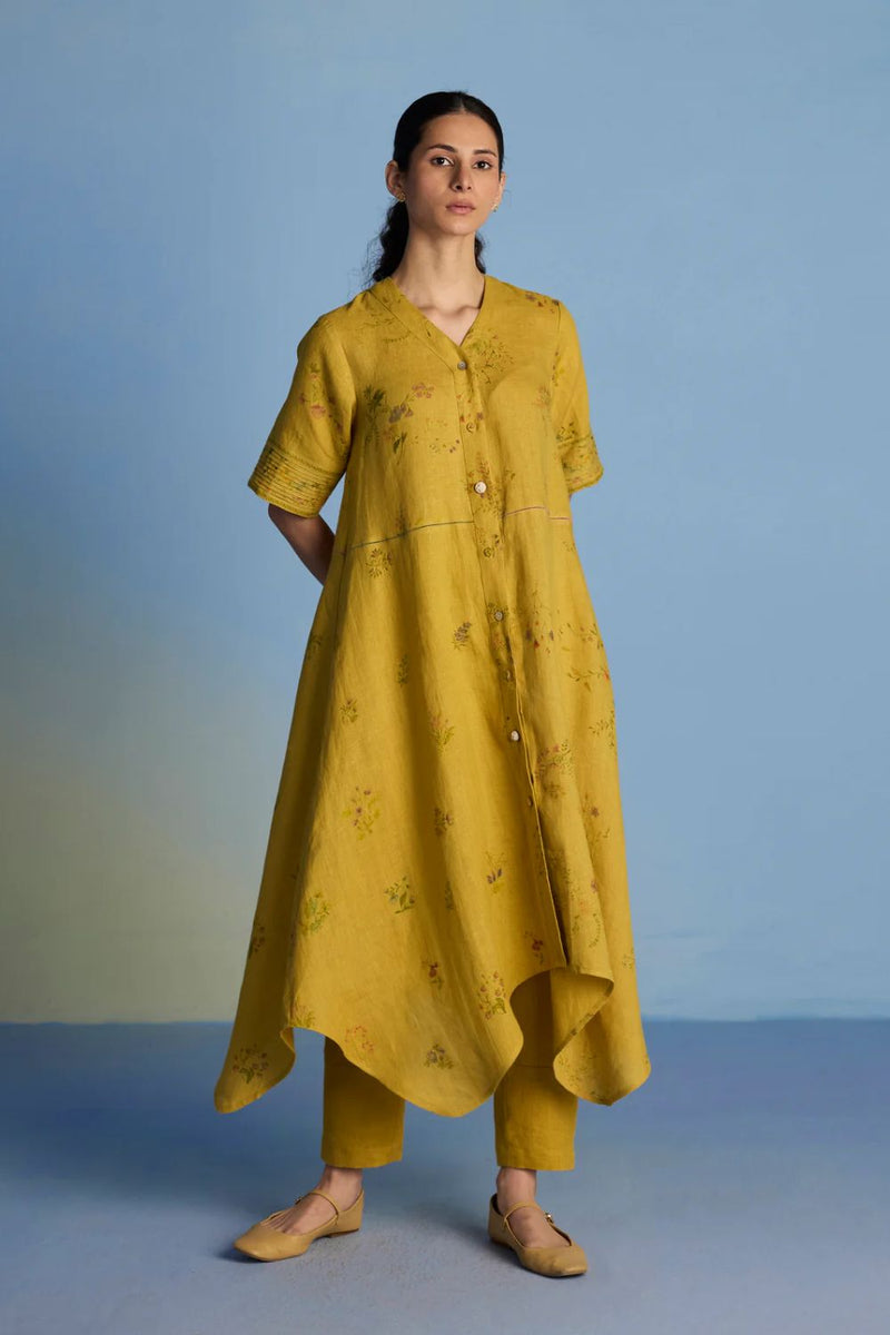 Inoya Shirt Kurta with Handkerchief Hem - Ochre linen by Manan for women Worldwide