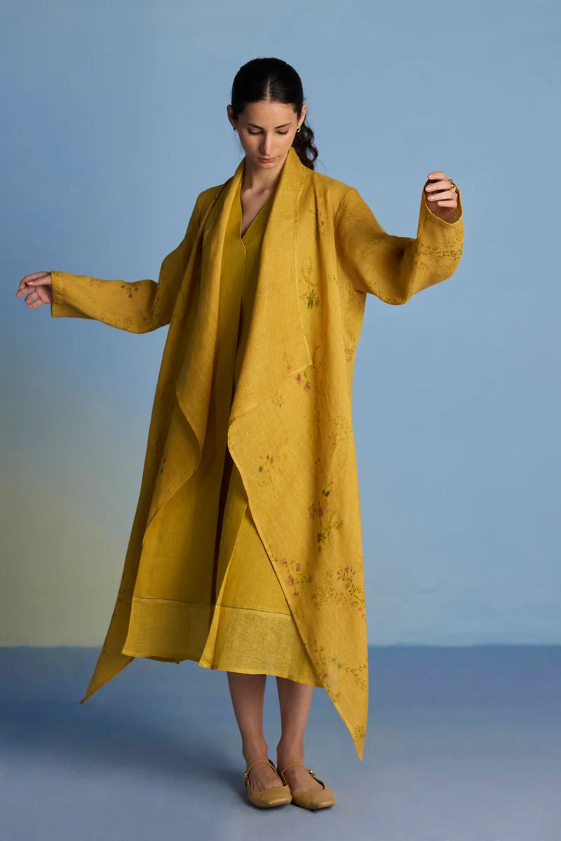 Tai Floral Sheer Linen Overlay - Ochre linen by Manan for women Worldwide