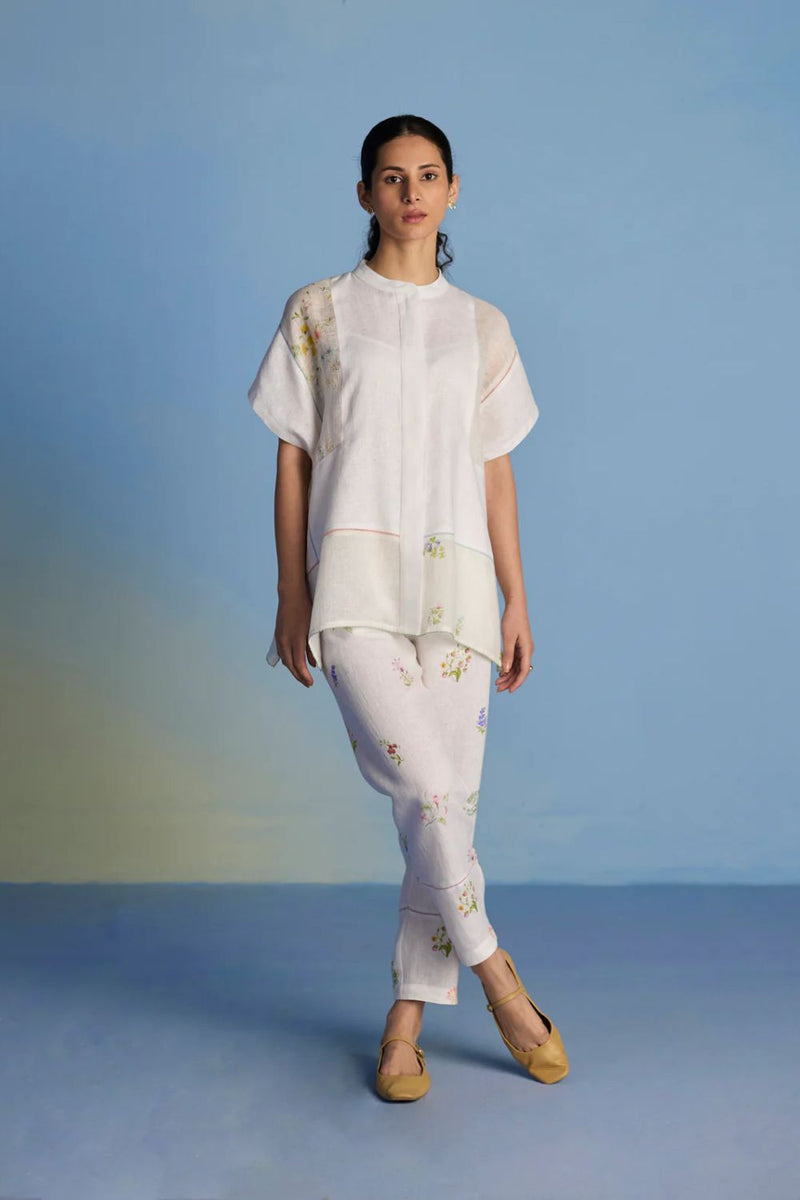 Aboli Patchwork Linen C-ord Set - White linen by Manan in white color for women Worldwide