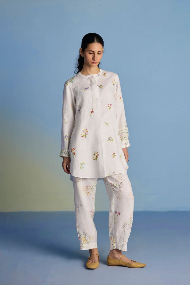 Anya Hand-Embroidered Floral Linen Co-ord Set - White linen by Manan in white color for women Worldwide