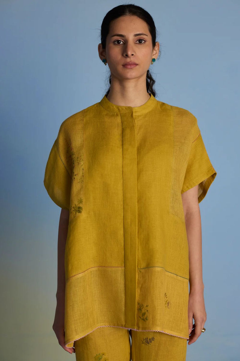 Aboli Patchwork Linen Shirt - Ochre linen by Manan in mint color for women Worldwide