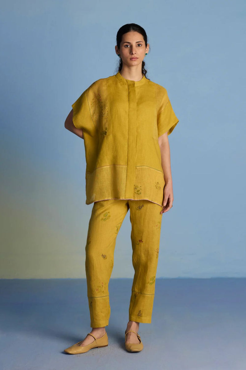 Aboli Patchwork Linen C-ord Set - Ochre linen by Manan for women Worldwide