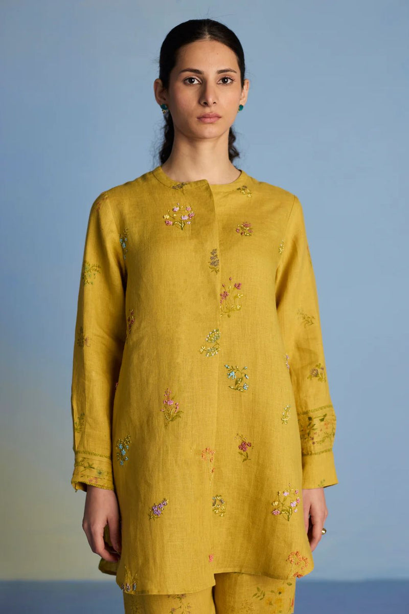 Anya Hand-Embroidered Floral Linen Kurta - Ochre linen by Manan for women Worldwide