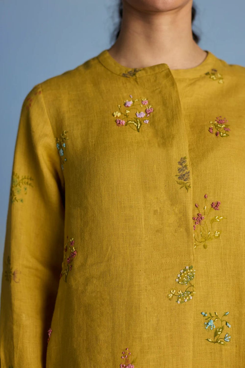 Anya Hand-Embroidered Floral Linen Kurta - Ochre linen by Manan for women Worldwide