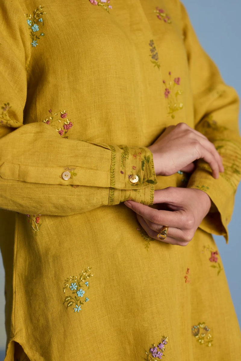 Anya Hand-Embroidered Floral Linen Kurta - Ochre linen by Manan for women Worldwide