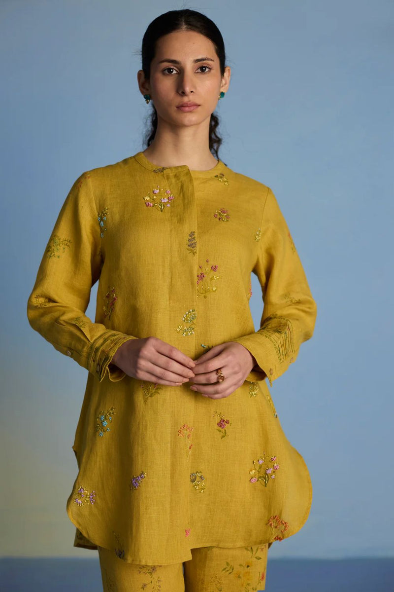 Anya Hand-Embroidered Floral Linen Kurta - Ochre linen by Manan for women Worldwide