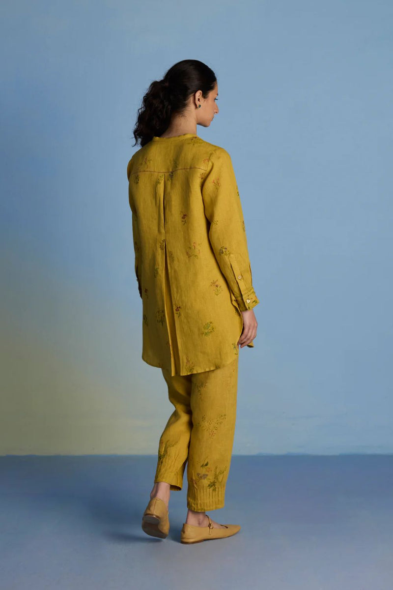 Anya Hand-Embroidered Floral Linen Kurta - Ochre linen by Manan for women Worldwide
