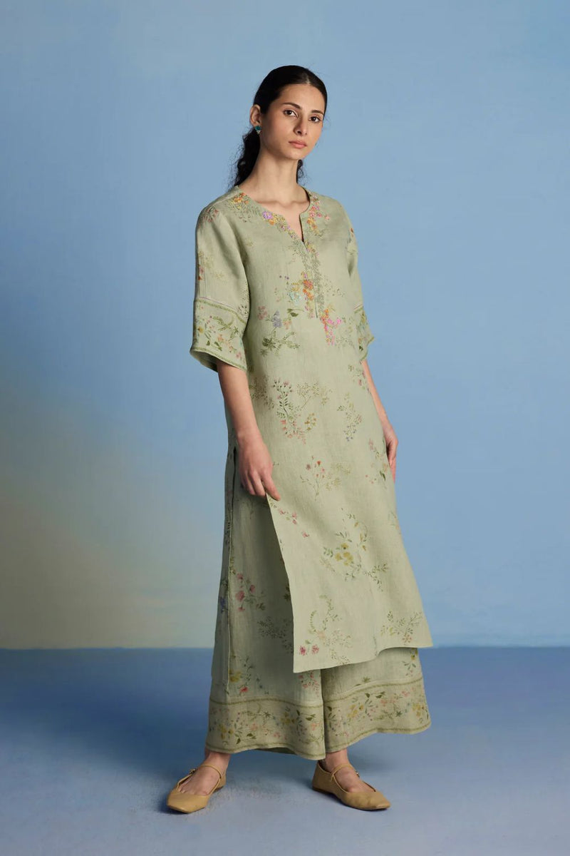 Para Hand-Embroidered Linen Kurta - Mint linen by Manan in mint color for women Worldwide