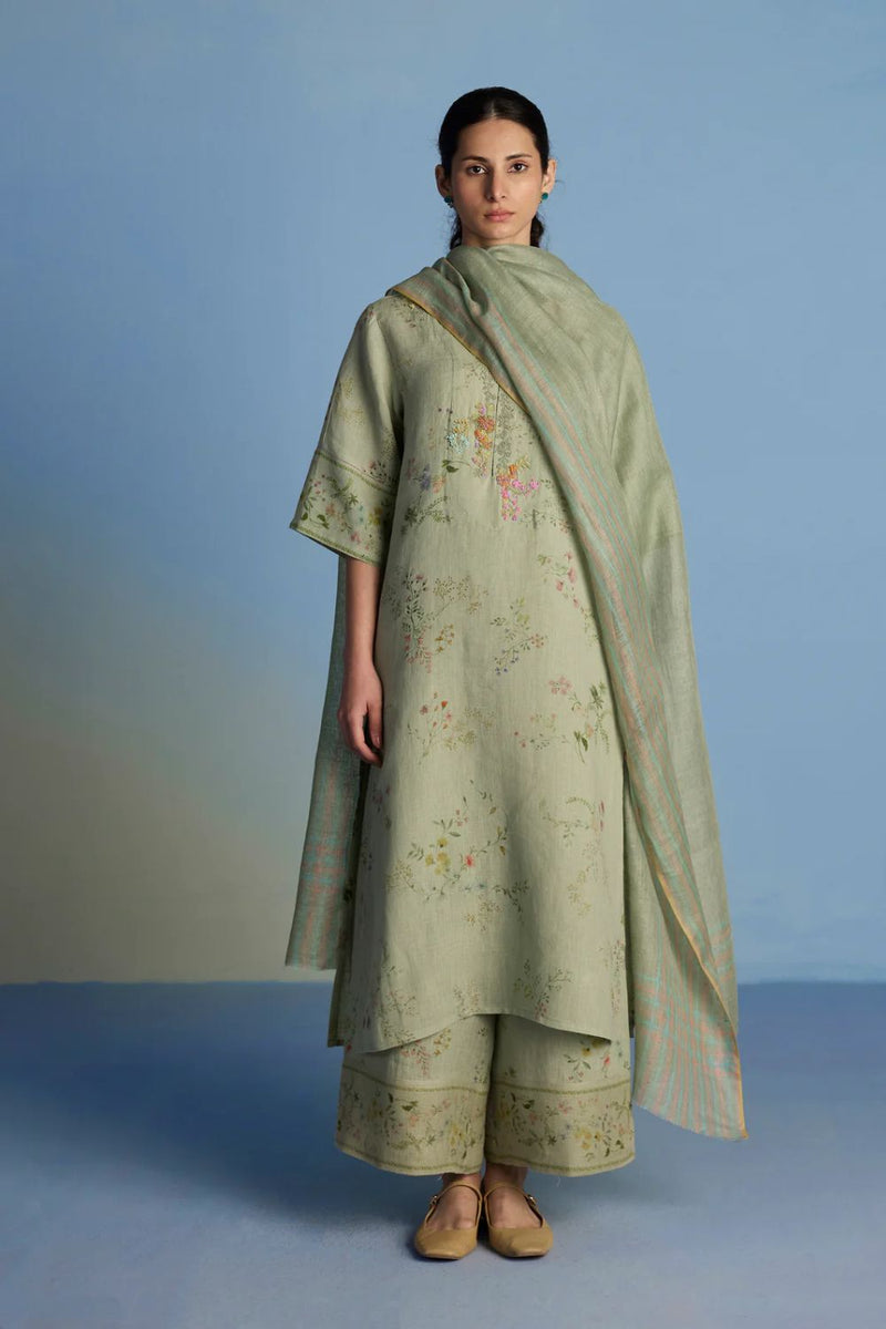 Para Hand-Embroidered Linen Kurta Set - Mint linen by Manan in mint color for women Worldwide