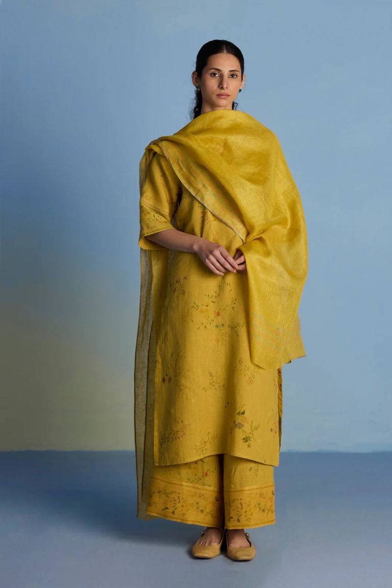 Para Hand-Embroidered Linen Kurta Set - Ochre linen by Manan for women Worldwide