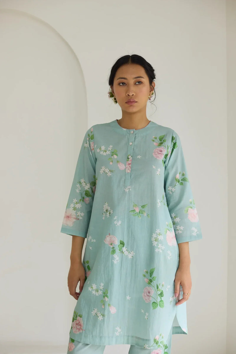 Pistachio Hibiscus Short Kurta Set cotton by Nadiya Paar in green color for women Worldwide