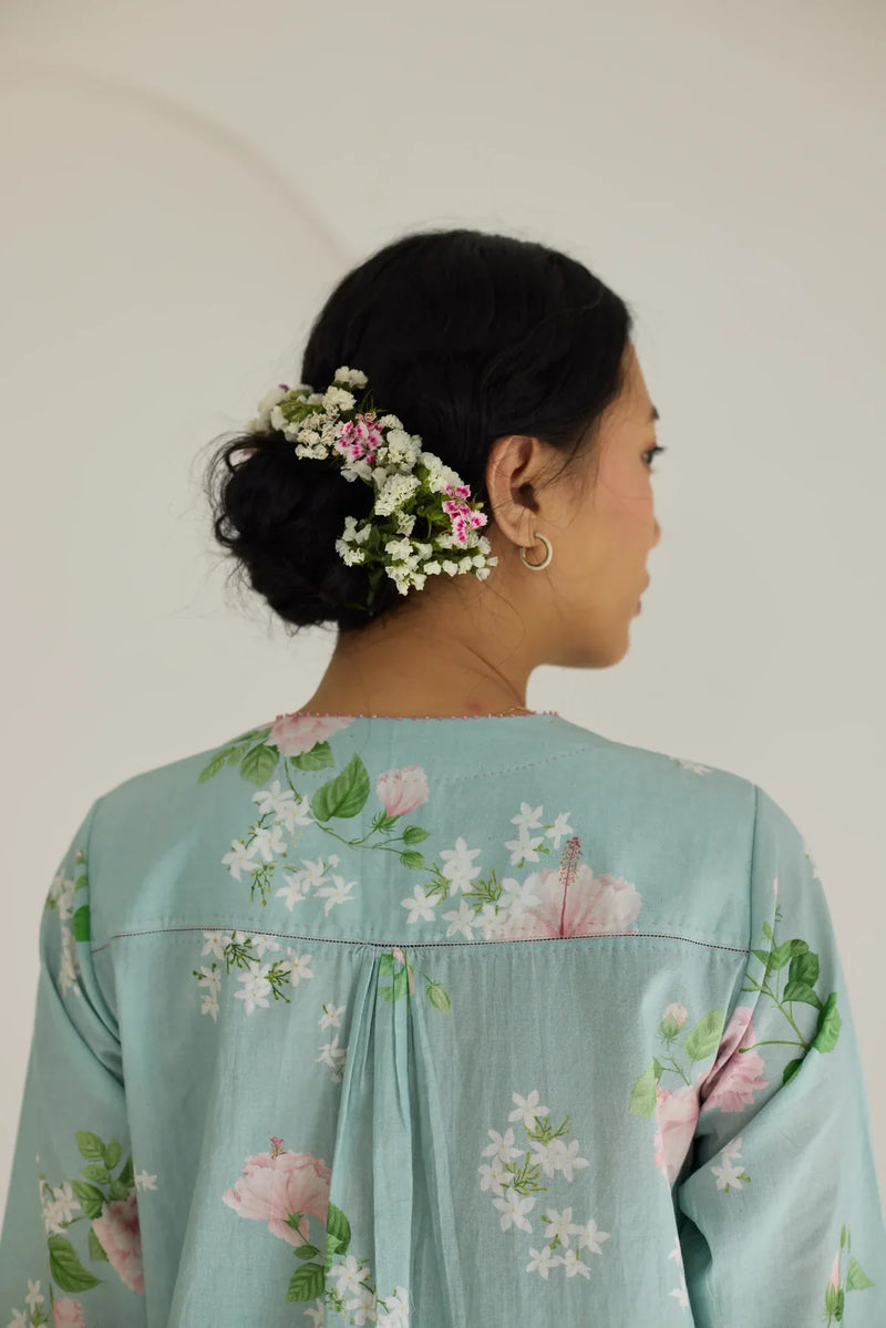 Pistachio Hibiscus Short Kurta Set cotton by Nadiya Paar in green color for women Worldwide