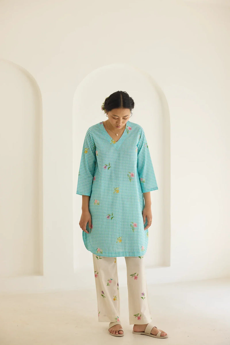 Blue Checks, Mallow Pants Short Kurta Set - V neck cotton by Nadiya Paar in blue color for women Worldwide