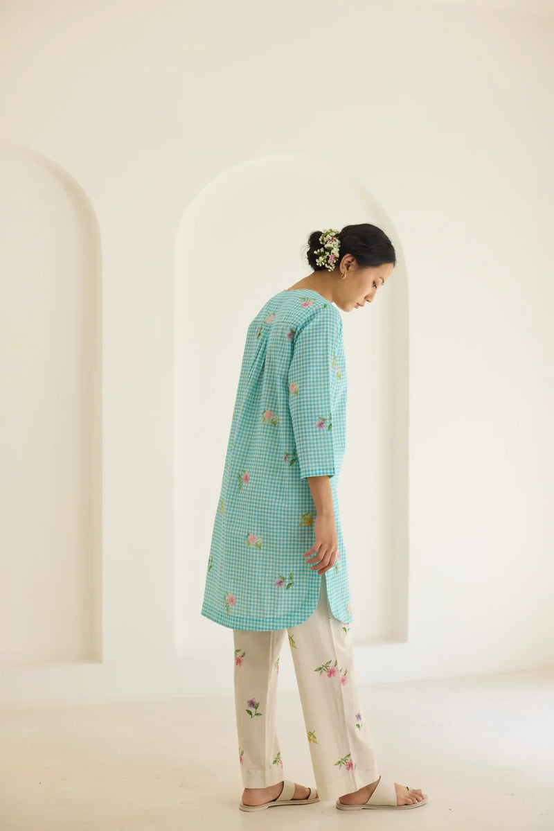 Blue Checks, Mallow Pants Short Kurta Set - V neck cotton by Nadiya Paar in blue color for women Worldwide