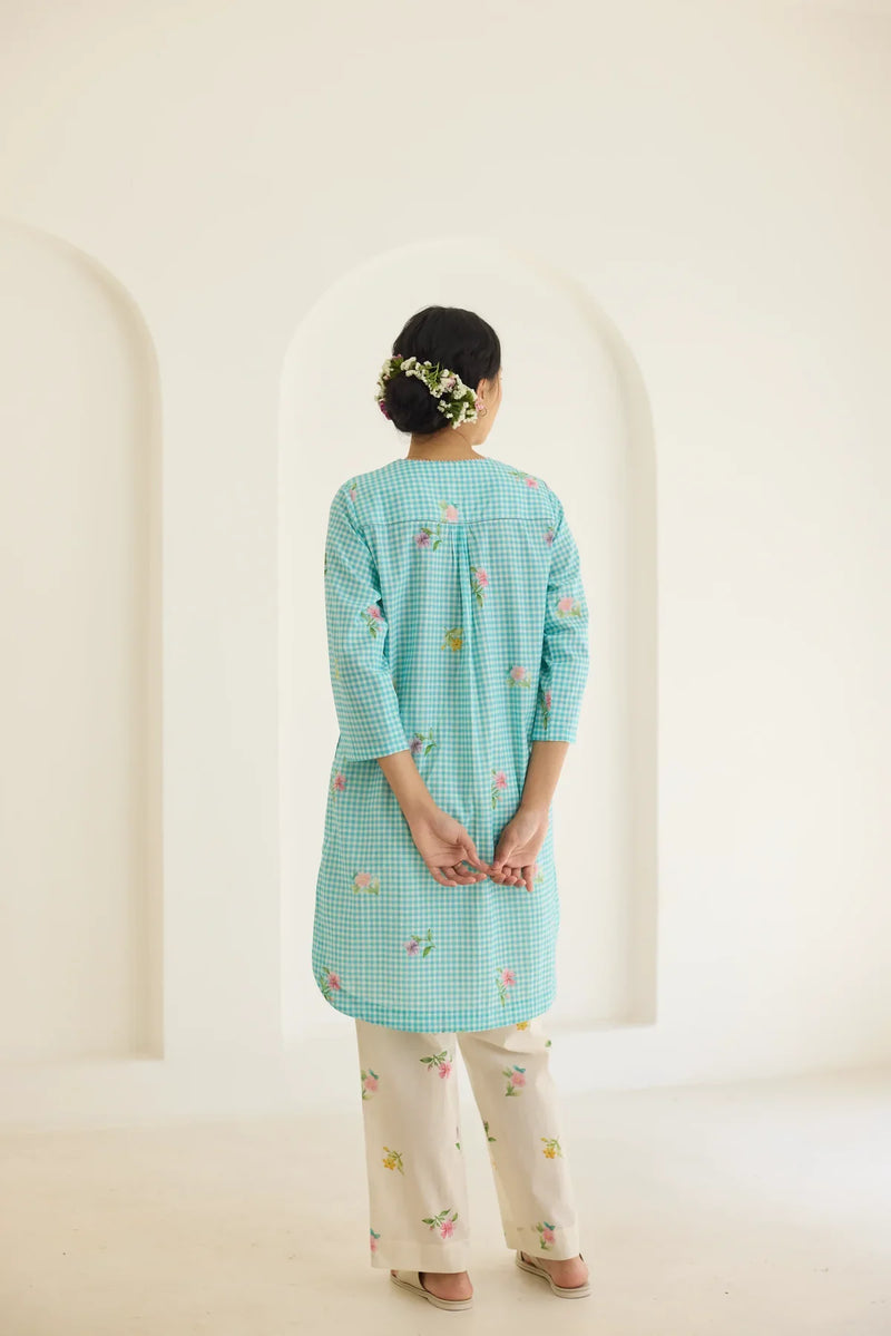 Blue Checks, Mallow Pants Short Kurta Set - V neck cotton by Nadiya Paar in blue color for women Worldwide