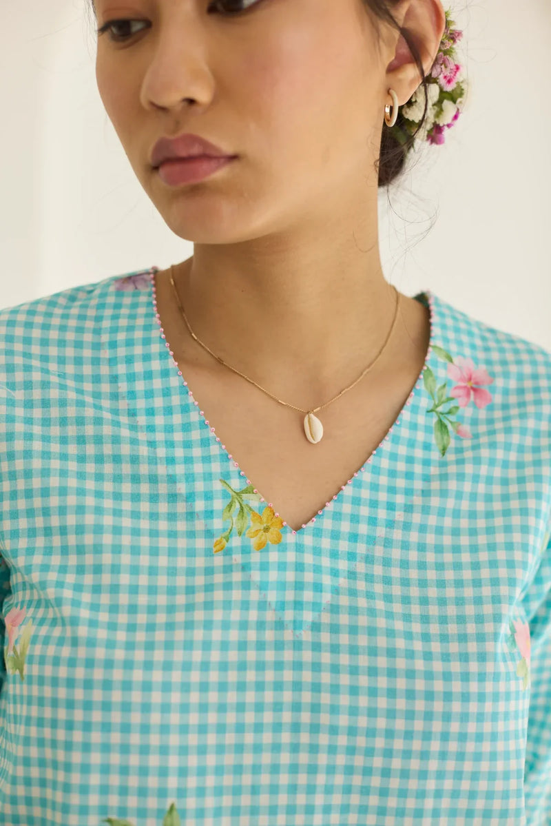 Blue Checks, Mallow Pants Short Kurta Set - V neck cotton by Nadiya Paar in blue color for women Worldwide