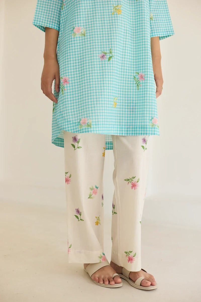 Blue Checks, Mallow Pants Short Kurta Set - V neck cotton by Nadiya Paar in blue color for women Worldwide