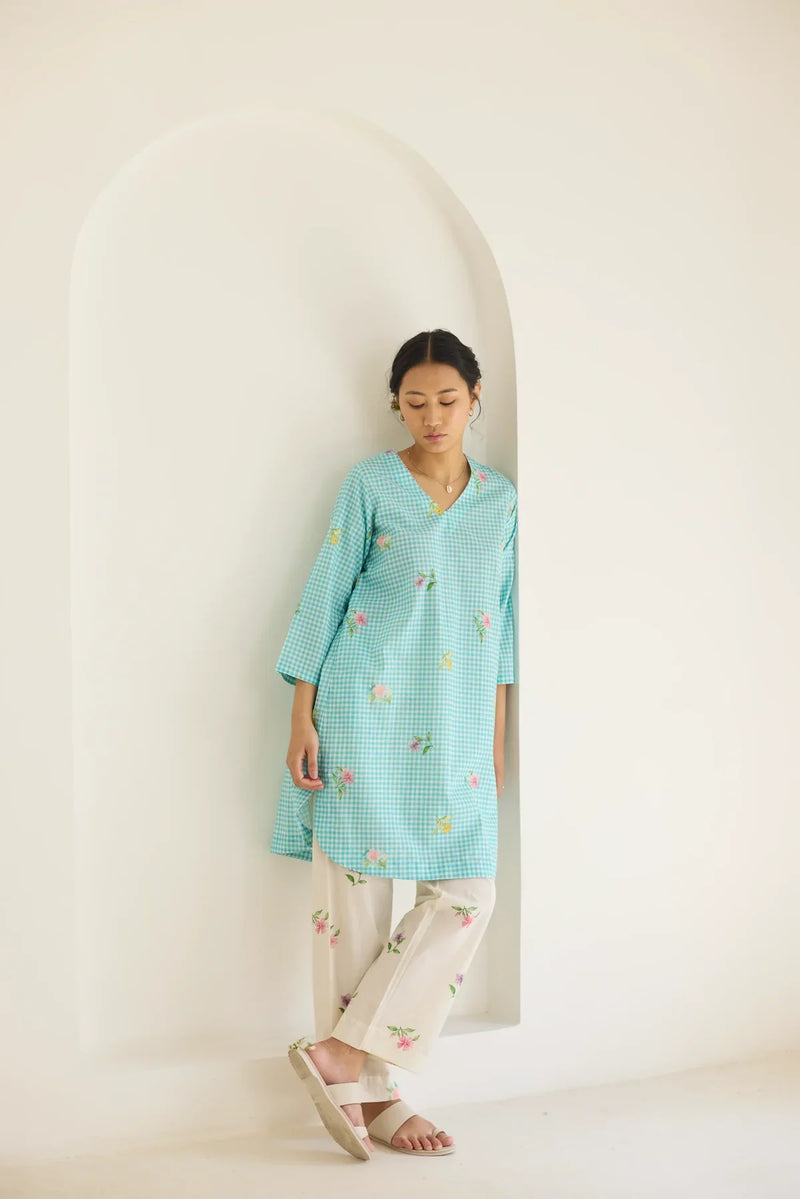 Blue Checks, Mallow Pants Short Kurta Set - V neck cotton by Nadiya Paar in blue color for women Worldwide