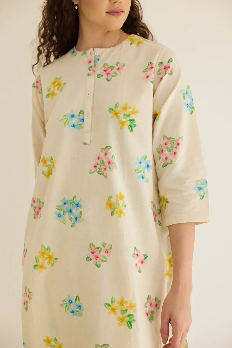 Periwinkle Short Kurta Set cotton by Nadiya Paar in white color for women Worldwide