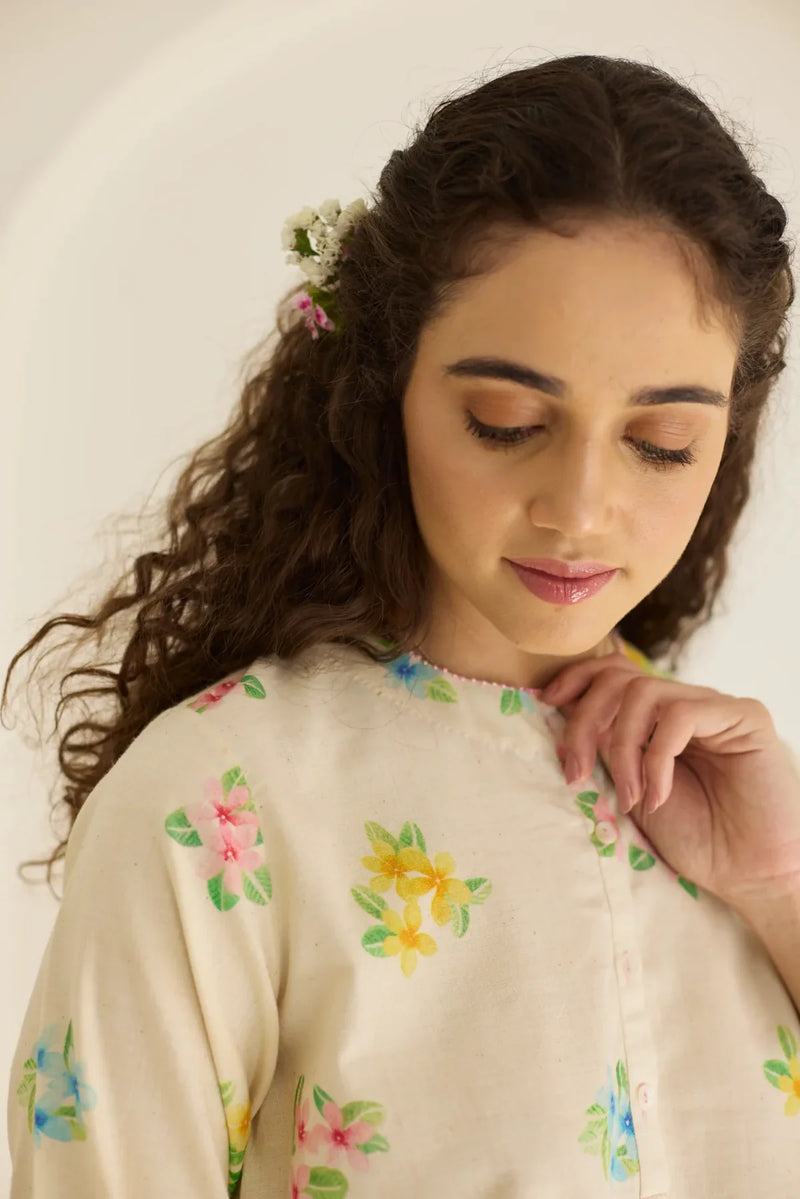 Periwinkle Short Kurta Set cotton by Nadiya Paar in white color for women Worldwide