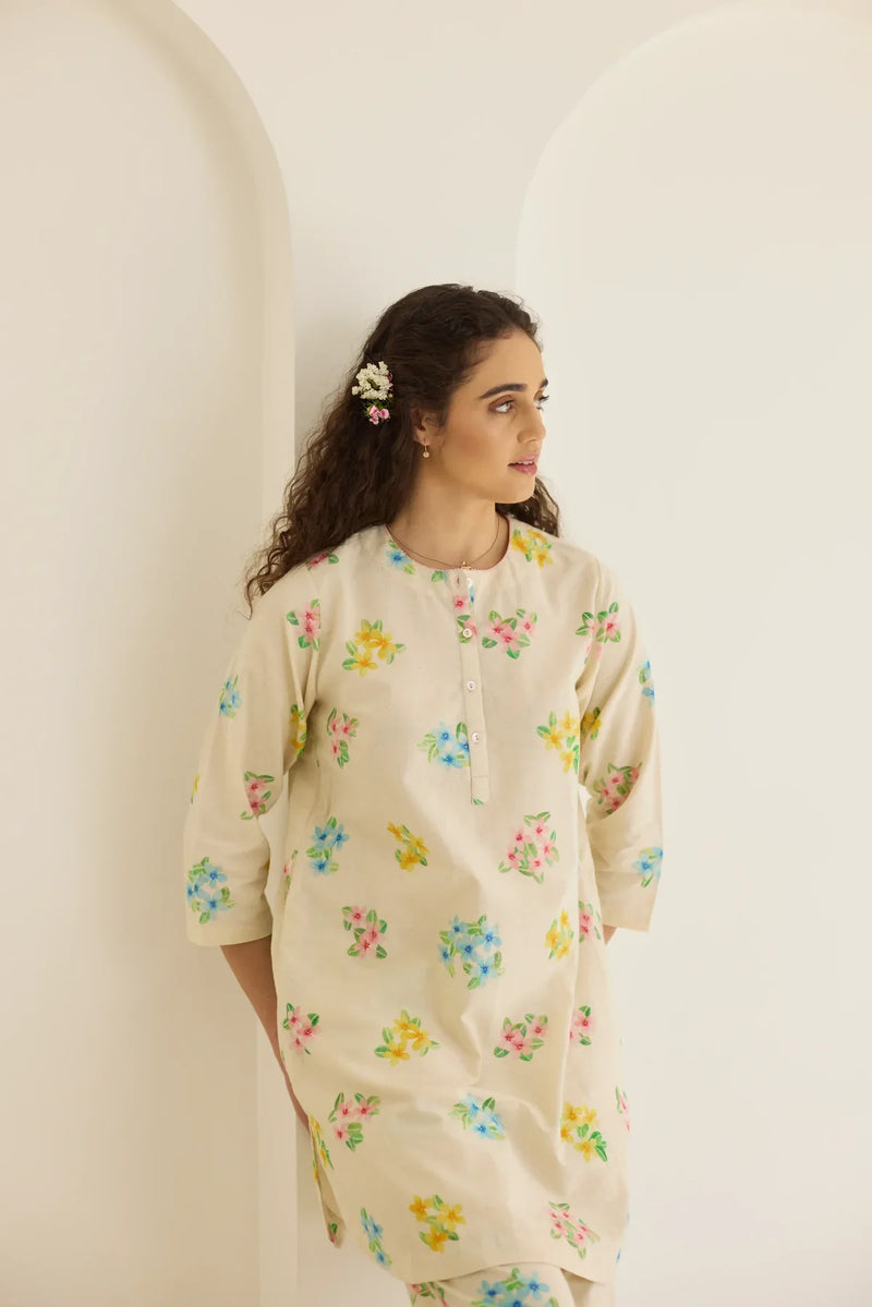 Periwinkle Short Kurta Set cotton by Nadiya Paar in white color for women Worldwide